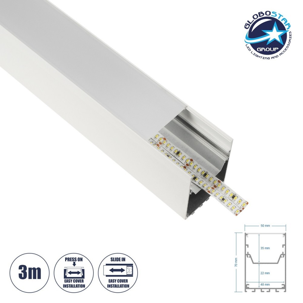 GLOBOSTAR® ALP-LINEAR BRIGHTRAIL 61774-3M Επιφανειακό - Κρεμαστό - Επιτοίχιο Προφίλ Αλουμινίου με Λευκό Γαλακτερό Πατητό Κάλυμμα για Ταινίες LED IP20 - Λευκό Ματ - Μ300 x Π5 x Υ7.5cm